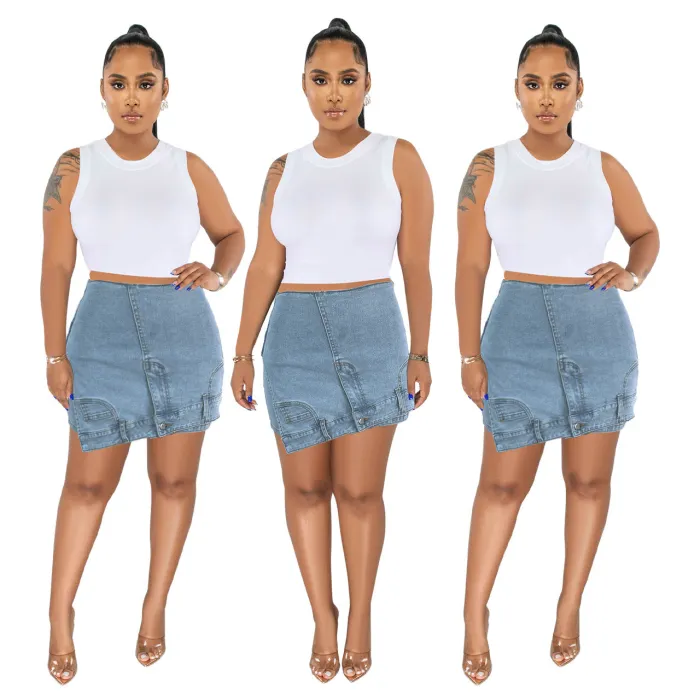 Women's Washed Street Irregular High Waist Elastic Denim Skirt