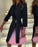 Embossed V-Neck Fashion Tie Pleated Dress For Women