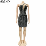 Casual Dress fashion sexy nightclub hot rhinestone diagonal collar mesh see through midi dress