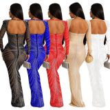 Women'S Hot Diamond Mesh Long Sleeved Long Skirt Dress