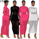 Plus Size Dress Amazon Popular Sexy Solid Color Mesh Stitching Long Sleeves Dress