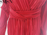 Plus Size Dress Europe and America sexy slit dress Amazon autumn and winter New V neck long sleeve pleated dress