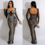 Women'S Hot Diamond Mesh Long Sleeved Long Skirt Dress