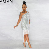 Plus size dress Amazon women fringe skirt dress irregular slit skirt