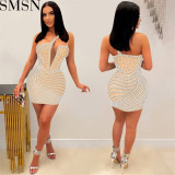 Casual Dress fashion sexy nightclub hot rhinestone diagonal collar mesh see through midi dress