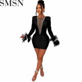 Plus Size Dress solid color and V neck mesh see through long sleeve dress for women