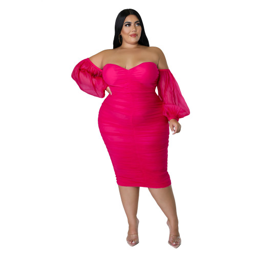 Plus Size Dress autumn new large size women dress skinny mesh pleated long sleeve one step dress