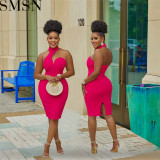 Plus Size Dress fashion pure color halter wrapped chest sleeveless cold shoulder dress