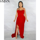 Plus Size Dress European and American sling solid color side drag side open dress for women
