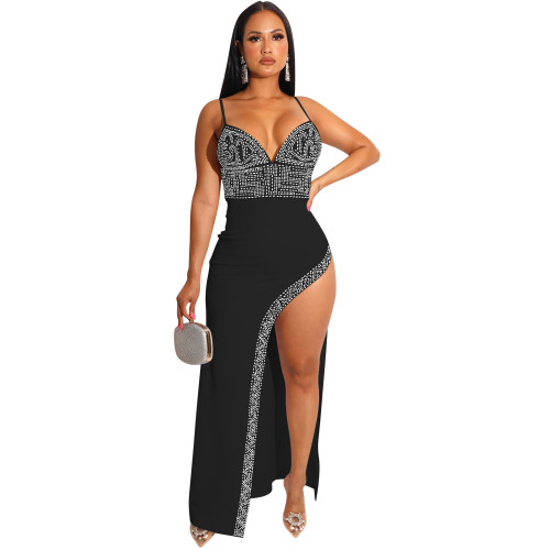 Fashion women dress Amazon new night club style rhinestone sexy strap irregular long dress
