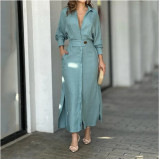 Solid Color Shirt Collar Dress Long Sleeved Long Skirt