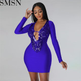 Plus size dress European and American women beaded halter fringe A line long sleeve dress