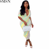 Casual Dress digital stripes contrast color positioning printing skinny V neck button sexy dress