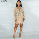 Plus Size Dress deep V nightclub party formal dress hot rhinestone mesh see-through women's clothing