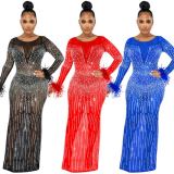 Rhinestone mesh see through long dress women lady luxury formal party evening dress