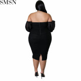 Plus Size Dress autumn new large size women dress skinny mesh pleated long sleeve one step dress