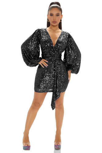 Plus Size Dress cross border sequin dress sequined V neck long sleeve nightclub sexy dress