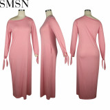 Plus Size Dress solid color cotton long sleeve cuff knotted dress long skirt with pockets on both sides