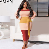 Plus Size Dress autumn new patchwork color with belt fashion tight large size women dress