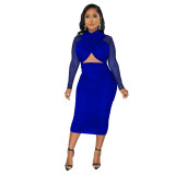 Plus Size Dress Amazon Fashion Women Mesh Long Sleeve Solid Color Wrapped Chest Navel Dress