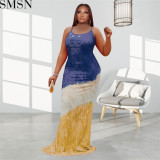 Fashion women dress European and American tie dye lace up sexy plus size dress