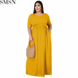 Fashion women dress solid color round neck loose casual plus size dress