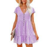 Spring and summer V-neck buttons small floral short sleeve loose casual dress women's clothing plus size casual dress