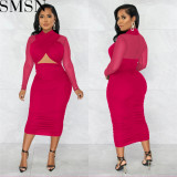 Plus Size Dress Amazon Fashion Women Mesh Long Sleeve Solid Color Wrapped Chest Navel Dress