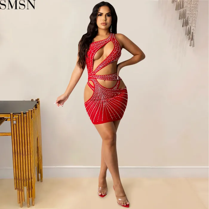 Sexy solid color women's clothing rhinestone mesh shoulder hollow dress plus size casual dress