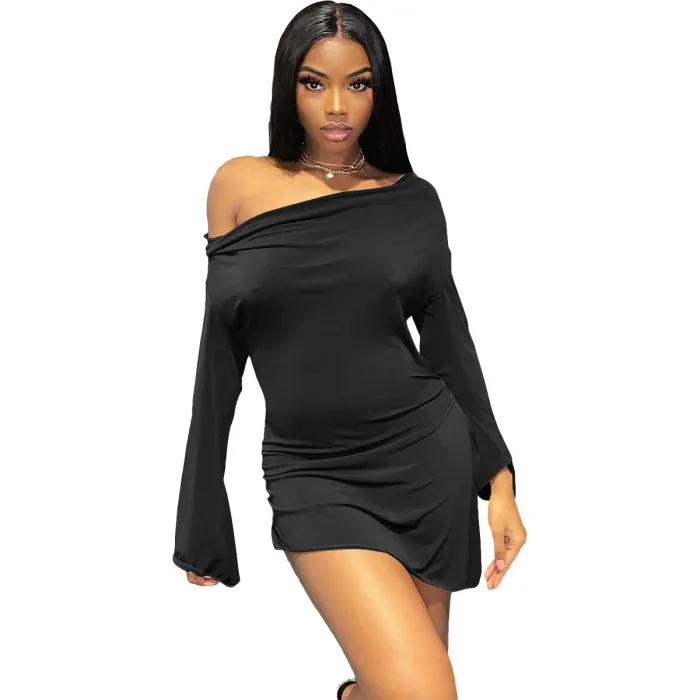 Irregular Hem Flared Sleeves Sexy One Line Neck Dress