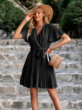 Casual Women'S Solid Color V-Neck Waistband Pleated Dress