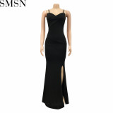 Plus Size Dress European and American fashion women wear suspender pleated wrapped chest solid color dress