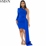 Plus Size Dress fashion solid color single sleeve casual diagonal collar dress women clothing