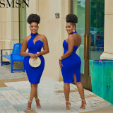 Plus Size Dress fashion pure color halter wrapped chest sleeveless cold shoulder dress