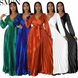 Plus Size Dress Europe and America cross border Amazon fall V neck lantern sleeve pleated dress
