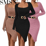 Plus Size Dress Amazon new spring and summer square collar fashion slit irregular sexy dress