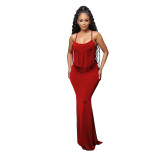 Casual Dress  European and American women sexy fashion halter neck tie halter fringed dress