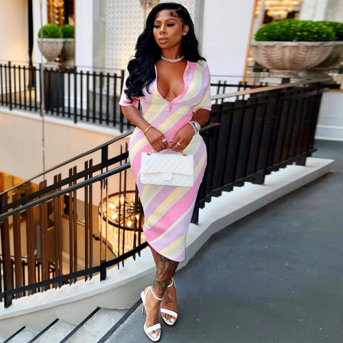 Casual Dress digital stripes contrast color positioning printing skinny V neck button sexy dress