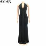 Plus Size Dress fashion V neck backless ribbon pleated solid color dress for women