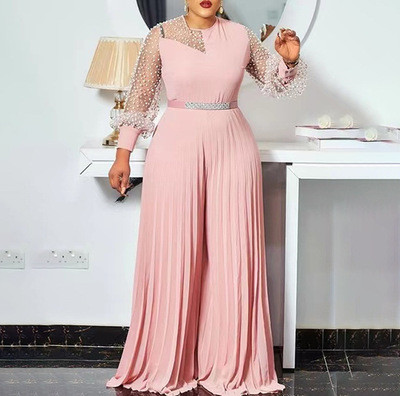 Wholesale Plus Size Patchwork One Piece Wide Leg Jumpsuits Chiffon Mesh See-Through Jumpsuit