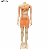 Sexy solid color women's clothing rhinestone mesh shoulder hollow dress plus size casual dress