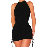 Summer New Ribbed Sleeveless Halter Pleated Sexy Women Short Dress