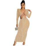 Casual Dress sexy nightclub hot rhinestone mesh see through V neck long sleeve dress for women