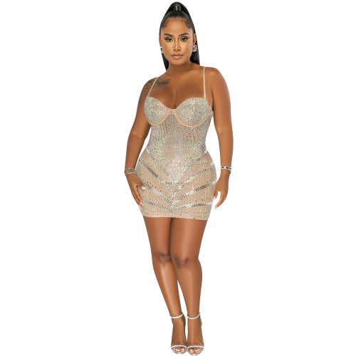 Casual Dress Amazon nightclubs hot rhinestone sexy see through wrapped chest midi dress