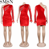 Plus Size Dress European and American sexy oblique shoulder rhinestone beaded feather dress