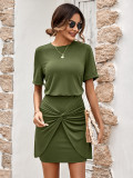 Short Sleeve Round Neck Knitted Slim Fit Wrap Hip Dress