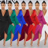 Plus Size Dress fashion solid color and V neck long sleeve dress pleated dress for women