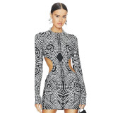 Polka Dot Printed Long Sleeved Round Neck Waist Hollowed Out Dress