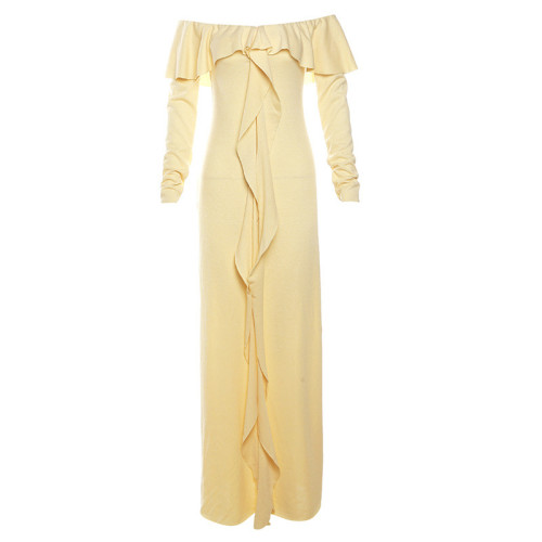 Fashion One Word Neck Temperament Slim Height Slit Legs Show Long Dress Women