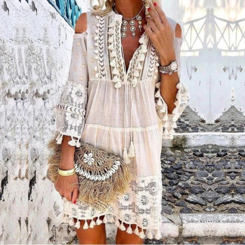 Long Sleeved Embroidered Hollowed Out Dress